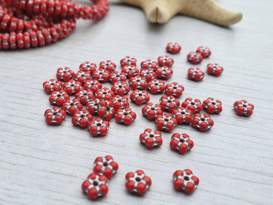 5mm Scarlet Red with a Silver Finish Forget-me-Not Spacer Beads | Full Strand of 50 Beads