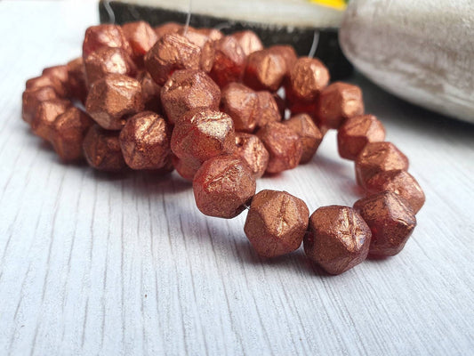 10mm Burnt Orange with an Etched and Copper Finish | English Cut Beads | Full Strand of 15 Beads
