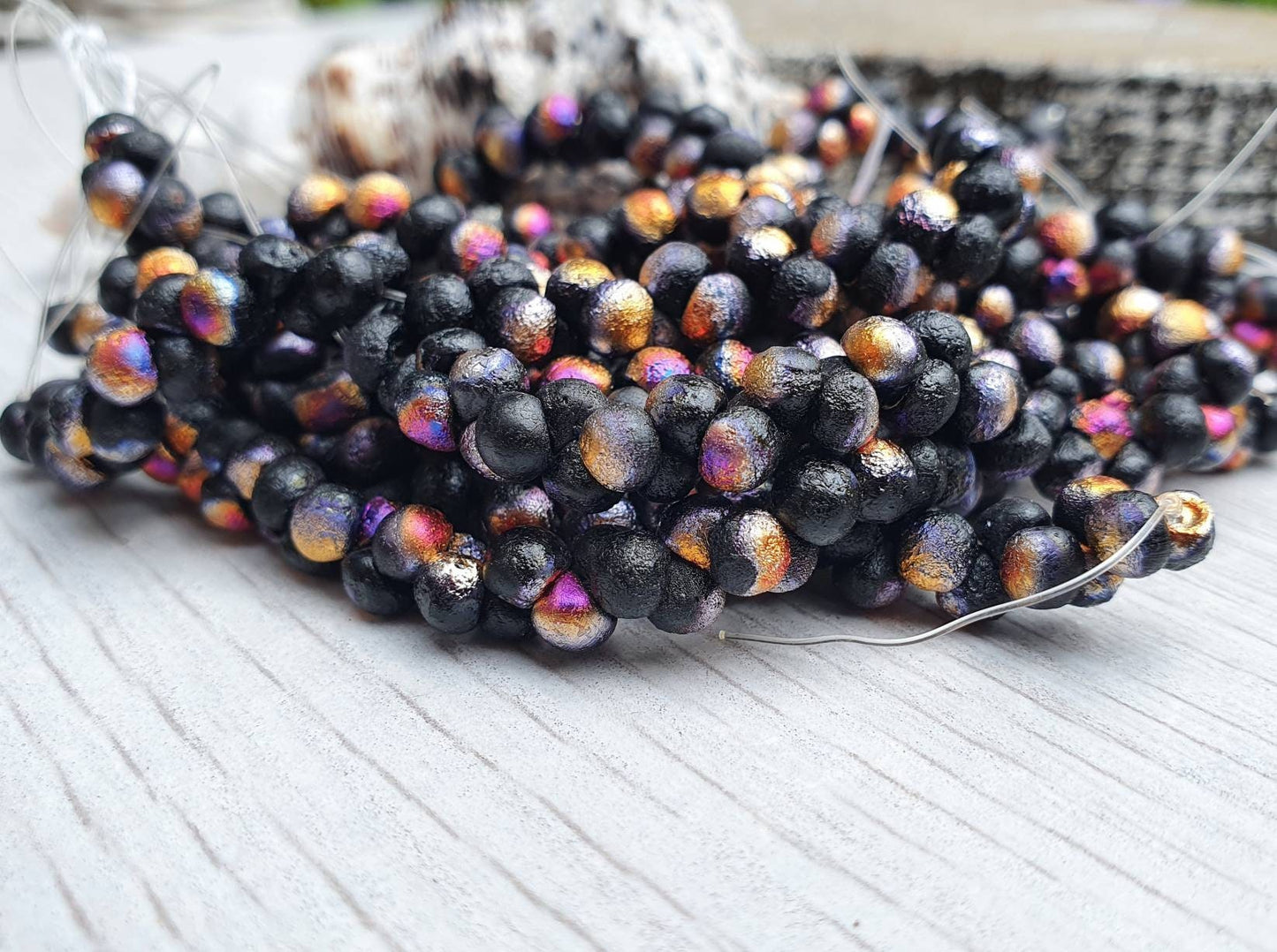 4mm Black Infernal Etched Mushroom Button Beads | Full Strand of 50