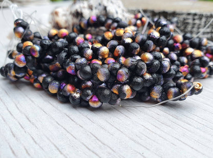 4mm Black Infernal Etched Mushroom Button Beads | Full Strand of 50