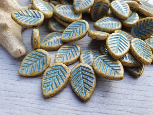 12 x 16mm Honey with a Turquoise Wash | Dogwood Leaves | Full Strand of 15 Beads