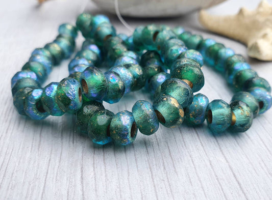 6 x 9mm Roller Bead in Blue Green With Etched, Gold and AB Finish | Full Strand of 25 Beads