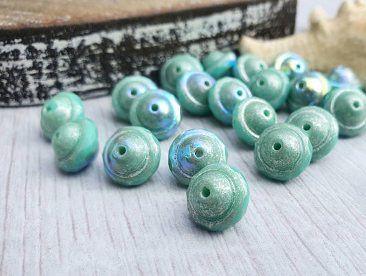 8 x 10mm Saturn Beads in Sea Green with a Silver Metallic and AB Finish | 4 Beads