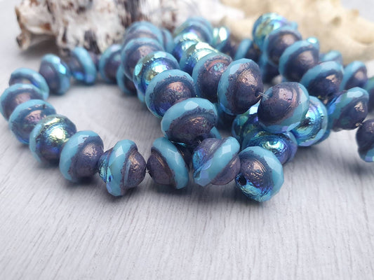8 x 10mm Sky Blue Saturn Beads with AB, Bronze and Etched Finish | Full Strand of 15 Beads