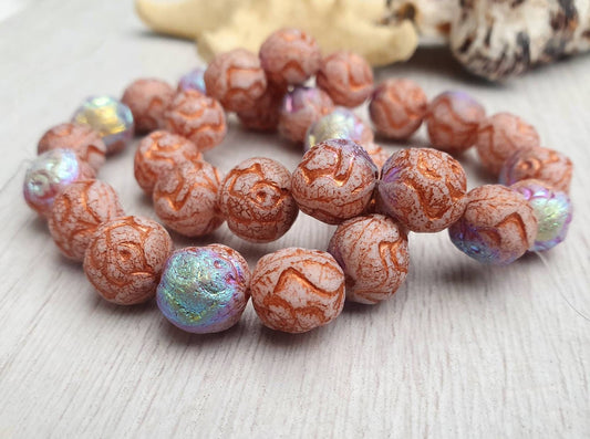 10mm White with AB and Etched Finishes and a Copper Wash | Round Rose Beads | Full Strand of 15 Beads
