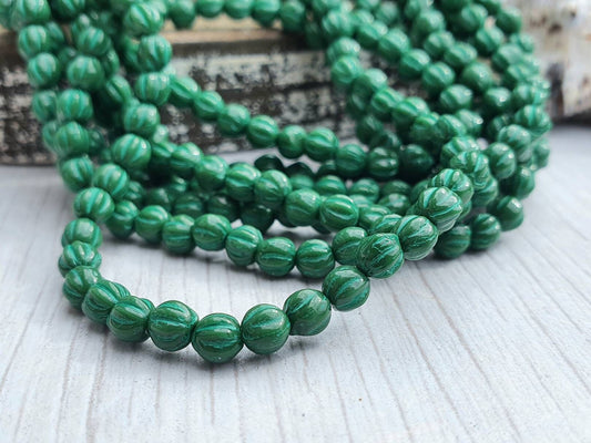 4mm Hunter Green with Green Wash | Melon Beads | Full Strand of 50 Beads