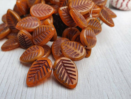 12 x 16mm Alloy Orange with Brown Wash | Dogwood Leaves | Full Strand of 15 Beads