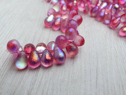 6 x 9mm Pink Celestial Etched | Side Drilled Czech Glass Drop Beads | Full Strand of 25