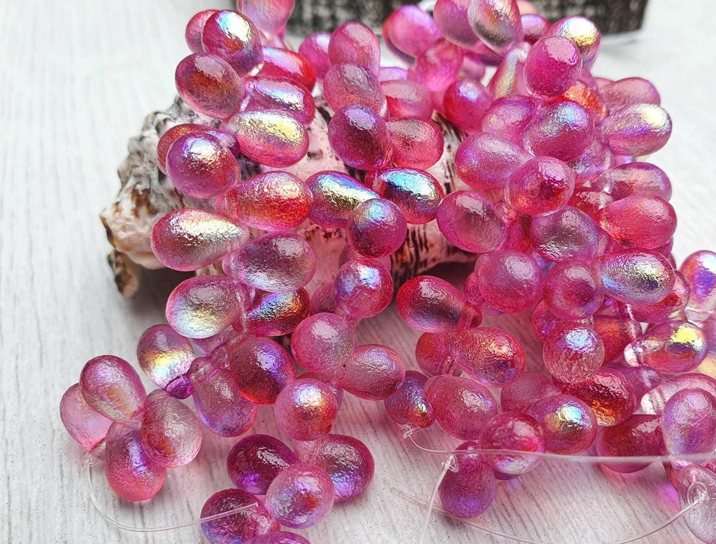 6 x 9mm Pink Celestial Etched | Side Drilled Czech Glass Drop Beads | Full Strand of 25