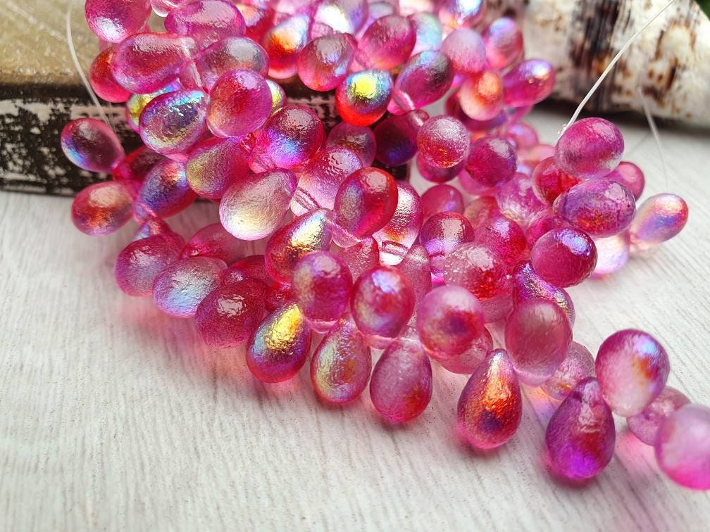6 x 9mm Pink Celestial Etched | Side Drilled Czech Glass Drop Beads | Full Strand of 25