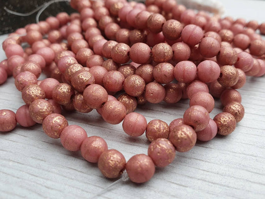 6mm Etched Round Dusty Rose With a Copper Wash Druk Beads | Etched Finish | Full Strand of 30 Beads