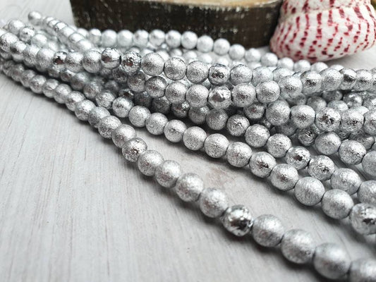 6mm Silver Ore Etched Finish | Round Druk Beads | Full Strand of 25 Beads