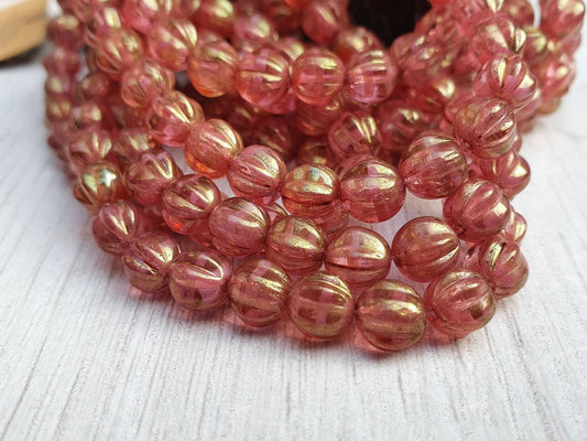6mm Medium Pink with Gold Luster | Melon Beads | Full Strand of 25 Beads