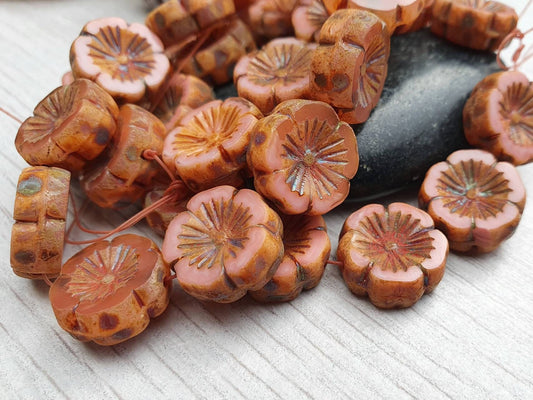 14mm Hibiscus Flower Beads in Medium Pink with Picasso Finish | 4 Beads