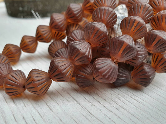 11mm Matte Alloy Orange with Brown Wash Bicone Beads | Full Strand of 15 Beads