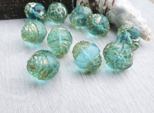 15 x 11mm Sky Blue Turbine Beads with Mercury and Picasso Finishes | 5 Beads