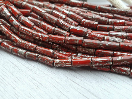 9 x 4mm Aged Red Metallic Picasso Bugle Beads | Full Strand of 50