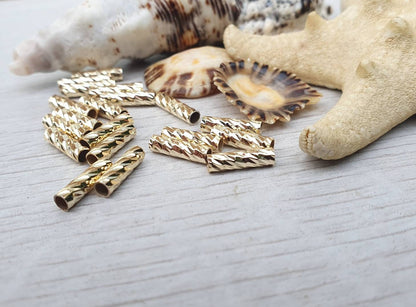 10 x 2mm Gold Plated Patterned Tube Beads | Tubular Spacer Beads | 20 Pcs