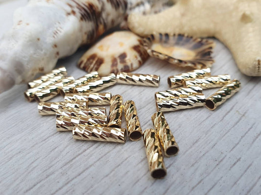 10 x 2mm Gold Plated Patterned Tube Beads | Tubular Spacer Beads | 20 Pcs