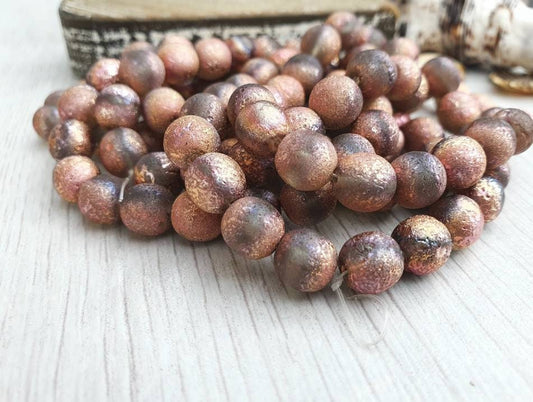 8mm Grey with an Etched and Copper Finish | Round Druk Beads | Full Strand of 20 Beads