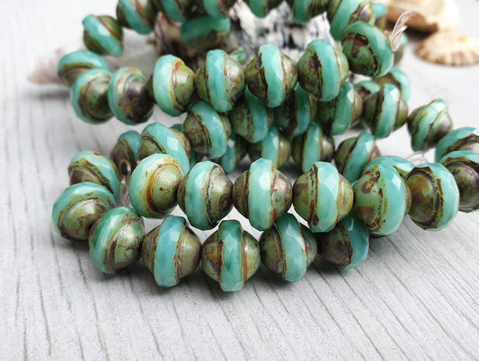 8 x 10mm Sea Green Saturn Beads with a Picasso Finish | Full Strand of 15 Beads