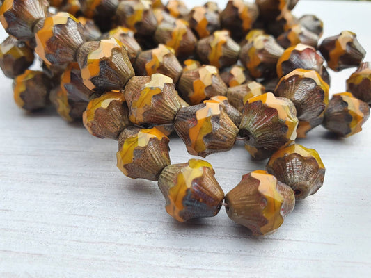 10 x 11mm  Baroque Bicone Beads in Yellow Gold and Pumpkin with a Picasso Finish | 10 Beads