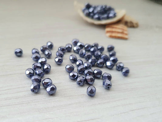 4mm Persian Blue Metallic | Czech Glass Fire Polish Beads | Metallic Beads | 50 Pcs