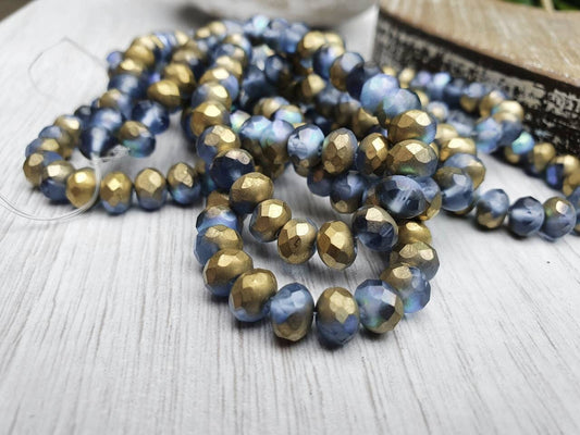 5 x 7mm Rondelle Beads in Cadet Blue with Matt Gold and AB Finishes | Full Strand of 25 Beads
