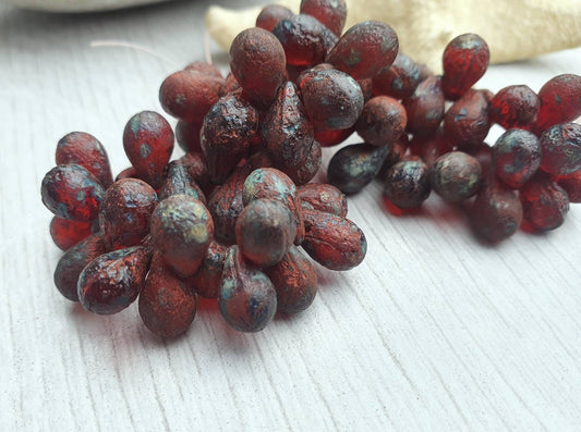 6 x 9mm Ruby Red with Picasso and Etched Finish | Side Drilled Czech Glass Drop Beads | 25 Pcs
