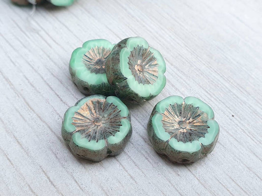 14mm Hibiscus Flower in Blue Green with a Purple-Grey Metallic Finish | 4 Beads