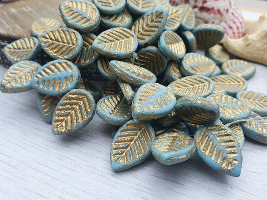 12 x 16mm Sky Blue with Etched Finish and Gold Wash | Dogwood Leaves | Full Strand of 15 Beads