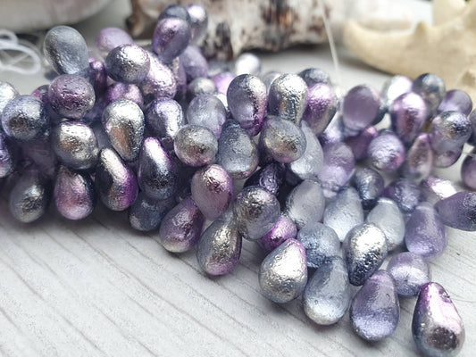 6 x 9mm Shadow Celestial Etched Finish | Side Drilled Czech Glass Drop Beads | Full Strand of 25