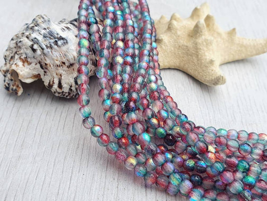 4mm Aqua Rainbow Celestial Etched Finish | Round Druk Beads | Full Strand of 50 Beads