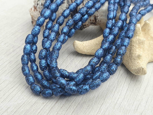 4 x 6mm Lapis Pastel Etched Rice Beads | Full Strand of 50 Beads