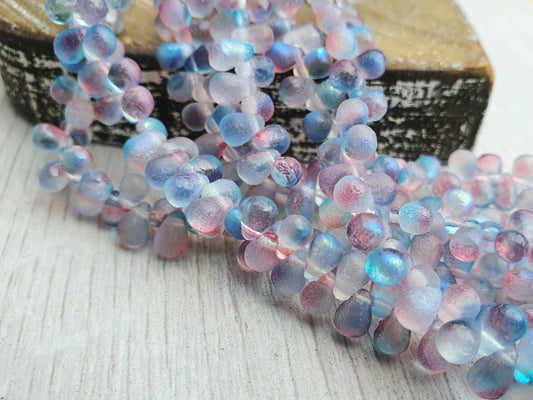 3.5 x 6mm Rainbow Celestial Etched Side Drilled Czech Glass Drop Beads | 50 Pcs