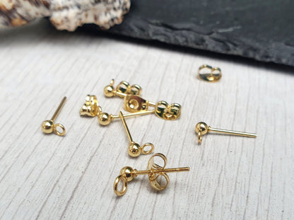 3mm Gold Plated Stainless Ball Studs with a Loop | 3 Pairs
