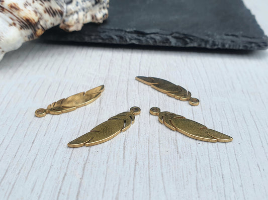 26 x 6mm Gold Plated Stainless Steel Feather Pendant | 4 Pcs