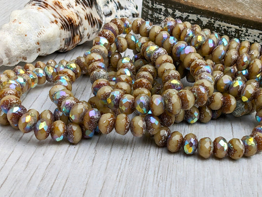 3 x 5mm Rondelle Beads in Camel with AB and Antique Silver Finishes | Full Strand of 30 Beads