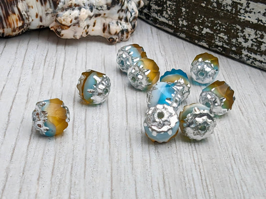 6mm Sky Blue, Yellow and White with a Silver Finish | Cathedral Beads | 10 Beads