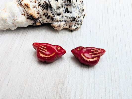 11 x 22mm Ruby Red with a Copper Wash | Bird Beads | 2 Beads