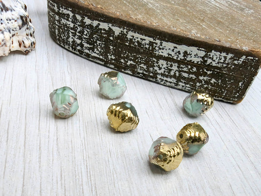 10 x 8 mm Spring Green With Gold and Bronze Finish Facetted Bicone Beads | 6 Beads
