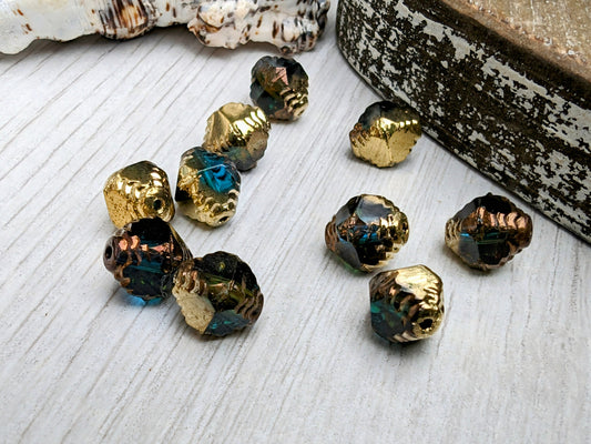 10 x 8 mm Teal and Emerald with Bronze and Gold Finishes Facetted Bicone Beads | 10 Beads